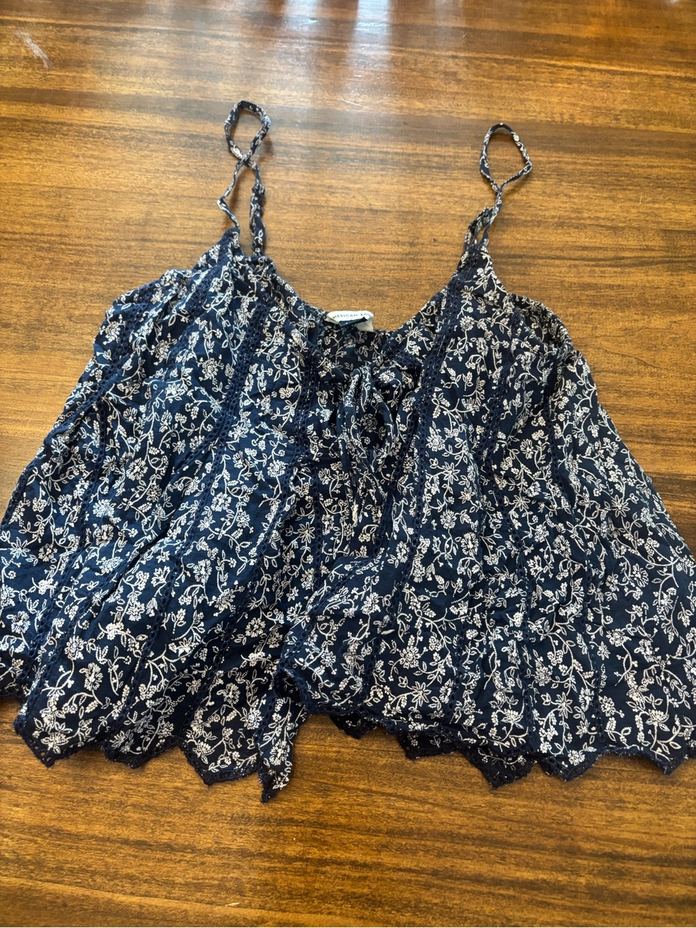 American Eagle Outfitters Navy Blue Floral Lace-Trim Camisole ties in front
